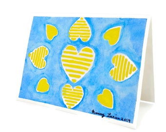 Blue Yellow Striped Hearts Watercolor Original Art Card All Occasion Hand Painted Blank Greeting Card Gift Ukraine