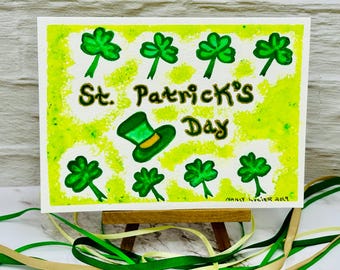 Hand Painted St. Patrick's Day Watercolor Art Card: Shamrock & Leprechaun Hat