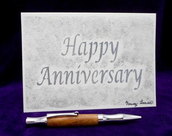 HAPPY ANNIVERSARY Hand Painted Original Watercolor Art Card, Pearlescent Silver 25 Year Anniversary Wall Art/Table Top Art Keepsake