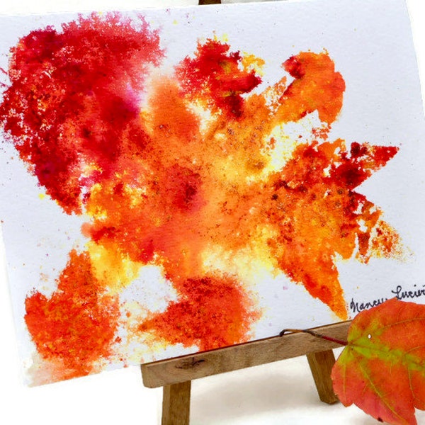 New Hampshire Autumn Maple Leaf Original Watercolor Art Card, Hand Painted Orange & Red Maple Leaf Art, Unique Handmade in NH 5X7 Art Card