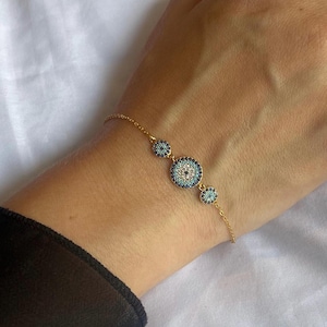925 Sterling Silver Evil Eye Bracelet, 18k, Gold Round Pave Evil Eye Charm Bracelet, Nazar Bracelet, Gift for Her, Gift for Woman