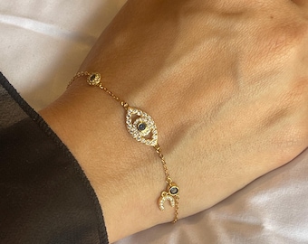 925 Sterling Silver Evil Eye Bracelet, 18k, Gold Evil Eye diamond Charm Bracelet, Nazar Bracelet, Gift for Her, Gift for Woman
