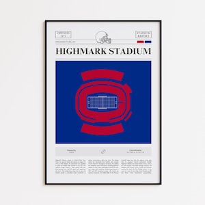 May include: Framed print of Highmark Stadium, opened in 1973 in Orchard Park, NY. The stadium's layout is depicted in red over a blue background. The print includes the stadium's name, a football helmet graphic, and the words "Stadium Report".
