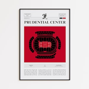 May include: A framed print featuring a black and red illustration of the Prudential Center in Newark, NJ. The stadium's layout is depicted with a hockey player graphic and text that reads "PRUDENTIAL CENTER". The print includes the opening year, capacity, and coordinates.