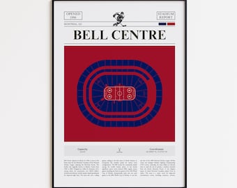 May include: A framed print featuring a stylized illustration of the Bell Centre in Montreal, Canada. The design includes a red background with a blue stadium layout, the text "BELL CENTRE," and other details.