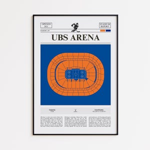 May include: Framed print of the UBS Arena, home to the New York Islanders hockey team. The poster features a top-down view of the arena in orange and blue, with text including "UBS ARENA" and "Opened 2021".