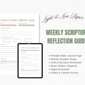 Op de afbeelding: Een digitale download van een wekelijkse Schrift Reflectiegids. De gids bevat secties voor het lezen, reflecteren en reageren op de Schrift. Het ontwerp is in tinten wit, beige en groen, met de tekst "Weekly Scripture Reflection Guide".