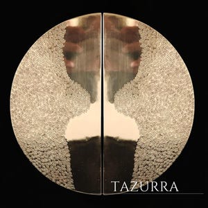 Pode incluir: Um par de puxadores de porta dourados, semicirculares, com um padrão texturizado e pontilhado nas bordas externas. Os puxadores estão sobre um fundo preto, com a palavra "TAZURRA" impressa na parte inferior.