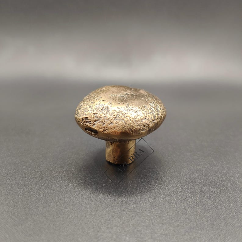 May include: A bronze mushroom-shaped cabinet knob with a textured surface. The knob has a rounded top and a short, cylindrical stem. The color is a warm, antique gold.