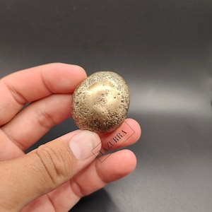 May include: A golden-coloured, oval-shaped stone with a textured surface. The stone is held in a hand against a dark background. The word "TAZURRA" is printed on a white label.