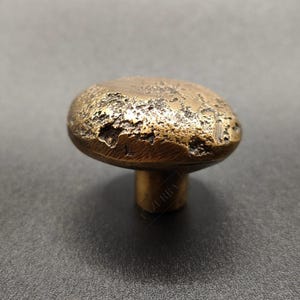 May include: A bronze cabinet knob with a textured, pitted surface. The knob has a rounded, mushroom-like shape and a short, cylindrical stem. The finish is a warm, antique gold colour, suggesting a vintage or rustic aesthetic.