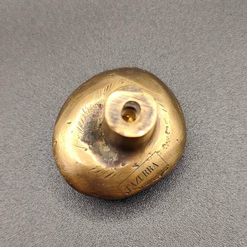 May include: A brass cabinet knob with a rounded, organic shape. The knob has a textured surface and a cylindrical post for mounting. The word "TAZURRA" is stamped on the side. The knob is a warm, golden colour.