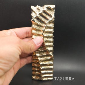 Pode incluir: Um objeto decorativo retangular dourado com um padrão orgânico texturizado. O objeto é segurado em uma mão contra um fundo preto. A palavra "TAZURRA" está impressa em branco no canto inferior direito.