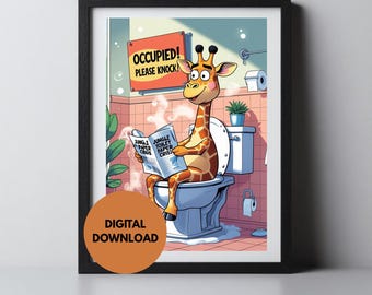 Arte de pared para baño con una jirafa africana divertida / Decoración imprimible para el baño / Arte para el baño / Humor para el salón del trono / Descarga digital 2024
