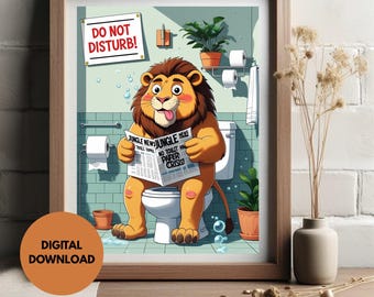 Arte mural divertido de un león africano para baño / Decoración imprimible para lavabos / Arte para baños / Humor sobre la sala del trono / Descarga digital 2024