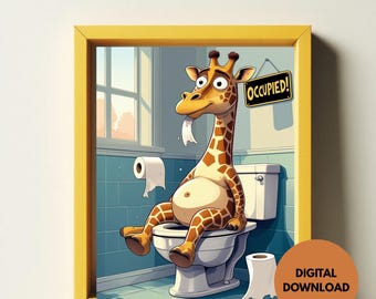 Arte de pared para baño con una jirafa africana divertida / Decoración imprimible para el baño / Arte para el baño / Humor para el salón del trono / Descarga digital 2025