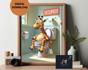 Arte de pared para baño con una jirafa africana divertida / Decoración imprimible para el baño / Arte para el baño / Humor para el salón del trono / Descarga digital 2023