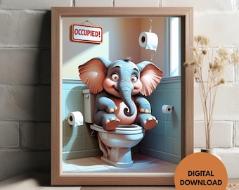 Arte de pared para baño con un elefante africano divertido / Decoración imprimible para lavabos / Arte para baños / Humor para la sala del trono / Póster para retrete / Descarga digital