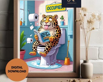 Arte de pared para baño con un leopardo africano divertido / Decoración imprimible para lavabos / Arte para baños / Humor para el salón del trono / Descarga digital 2023