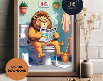Arte mural divertido de un león africano para baño / Decoración imprimible para lavabos / Arte para baños / Humor sobre la sala del trono / Descarga digital 2024