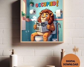 Arte mural divertido de un león africano para baño / Decoración imprimible para lavabos / Arte para baños / Humor para la sala del trono / Póster para retrete / Descarga digital