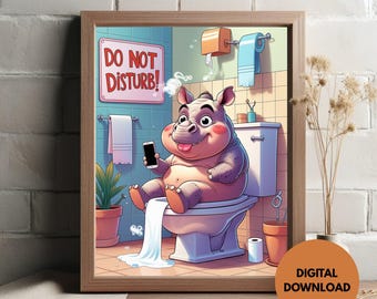 Arte de pared para baño con un rinoceronte africano divertido, decoración imprimible para el baño, humor para la sala del trono, póster para el baño, descarga digital
