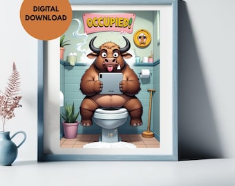 Arte de pared para baño con un búfalo africano (2023), decoración imprimible para lavabos, humor para el salón del trono, retrete, descarga digital