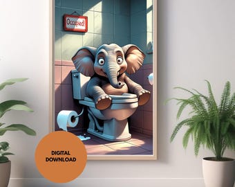 Arte de pared para baño con un elefante africano divertido / Decoración imprimible para lavabos / Arte para baños / Humor para el Salón del Trono / Descarga digital 2024