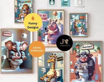 2025 - Arte mural africano divertido para baño (6 unidades) / Decoración imprimible para lavabos / Arte para baños / Humor para el salón del trono / Póster para retrete / Descarga digital