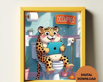 Arte de pared para baño con un leopardo africano divertido / Decoración imprimible para lavabos / Arte para baños / Humor para la sala del trono / Póster para retrete / Descarga digital