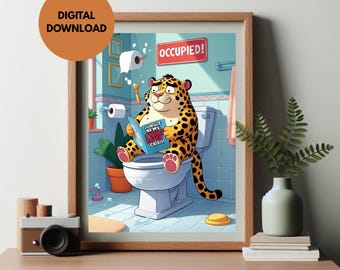 Arte de pared para baño con un leopardo africano divertido / Decoración imprimible para lavabos / Arte para baños / Humor para el Salón del Trono / Descarga digital 2024