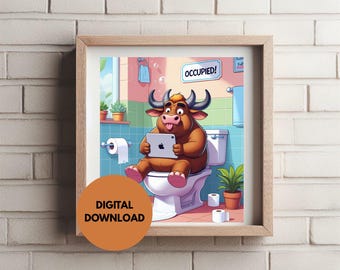 Arte de pared para baño con un búfalo africano divertido / Decoración imprimible para lavabos / Arte para baños / Humor sobre la sala del trono / Descarga digital 2024