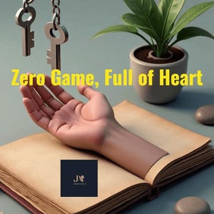 May include: An open book with aged pages, a hand resting on it, and two keys hanging above. A small potted plant and the text "Zero Game, Full of Heart" are also visible. A logo is in the lower left corner.