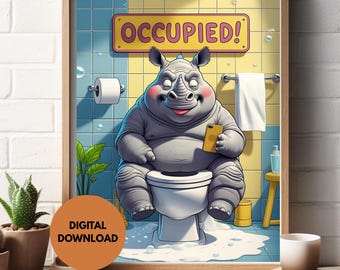 Arte de pared para baño con un rinoceronte africano divertido / Decoración imprimible para lavabos / Arte para baños / Humor sobre la sala del trono / Descarga digital 2024