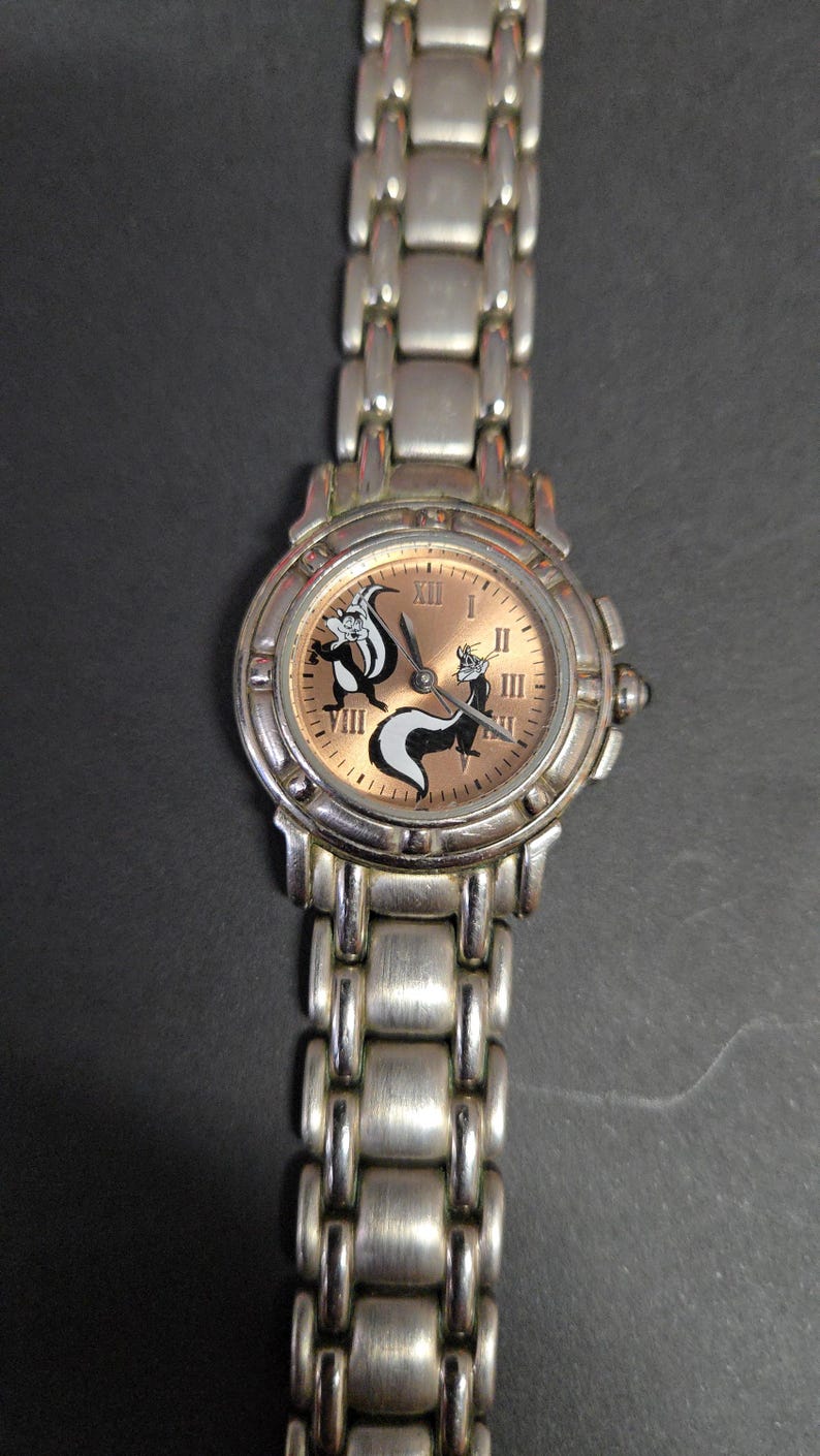 Pu&ograve; includere: Orologio da polso color argento con quadrante circolare con un design di puzzola dei cartoni animati. L'orologio ha un cinturino metallico con maglie rettangolari e un quadrante marrone chiaro. Le lancette dell'orologio sono nere.