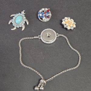 May include: A silver-toned bracelet with a round snap-on charm surrounded by small clear crystals. Three snap-on charms are also displayed: a turquoise turtle, a butterfly with red, white, and blue accents, and a flower with orange and white petals.