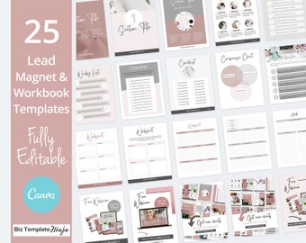 May include: A collection of 25 fully editable Canva templates for lead magnets and workbooks. The templates feature a pink and grey colour scheme with a variety of designs, including checklists, worksheets, and comparison charts. The text "Biz Template Ninja" is visible in the bottom left corner.