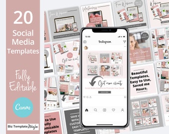 Può includere: Un set di 20 modelli di social media progettati per promuovere un ebook. I modelli sono completamente modificabili e compatibili con Canva. Presentano una combinazione di colori rosa e grigio e includono testo come "Ottieni più clienti" e "Grafica per i social media per promuovere il tuo ebook".