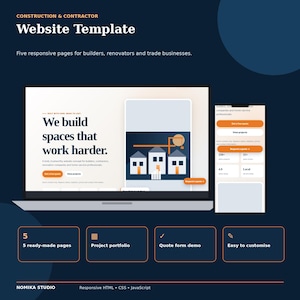 May include: A website template for construction and contractor businesses featuring five responsive pages. The design includes a laptop and mobile view displaying text that reads We build spaces that work harder, along with project portfolio and quote forms.