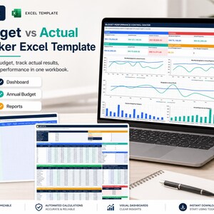 May include: A digital budget tracker Excel template displayed on a laptop screen and two smaller tablet screens. The interface features a Budget Performance Control Center with line graphs, bar charts, and financial data tables for tracking income and expenses.