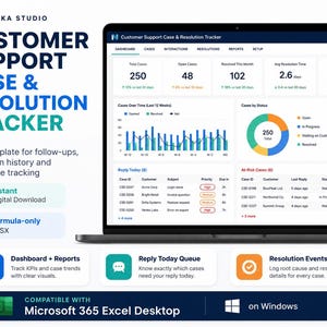 May include: A digital Customer Support Case & Resolution Tracker Excel template displayed on a laptop screen. The dashboard features metrics for total cases, open cases, resolution time, and satisfaction scores, alongside charts and a case list.