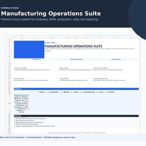 Può includere: Un'interfaccia di foglio di calcolo digitale intitolata Manufacturing Operations Suite per inventario, distinta base, produzione, vendite e reportistica. Il layout include sezioni per il controllo dell'inventario, la libreria ricette e la pianificazione.