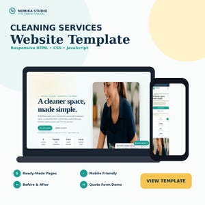 Può includere: Una visualizzazione digitale di un modello di sito web per servizi di pulizia di Nomika Studio, con un laptop e uno smartphone che mostrano un layout responsive, il testo A cleaner space, made simple, cinque pagine e un modulo demo.