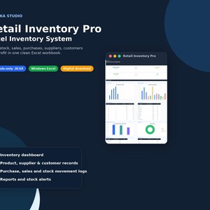 Modello Excel per la gestione dell'inventario al dettaglio, monitoraggio delle scorte, dashboard di vendite e acquisti, foglio di calcolo per piccole imprese.