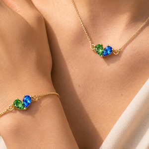 Custom Heart Birthstone Jewelry Set, Minimalist Toi et Moi Two Gemstones Ring, Gold Birthstone Bracelet, Personalized Couple Necklace
