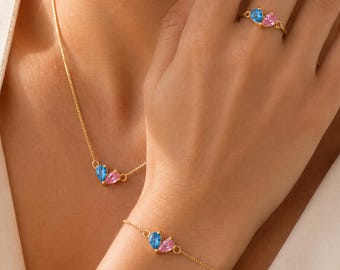 Personalized Heart Birthstone Jewelry Set, Minimalist Toi et Moi Two Birthstone Ring, Gold Birthstone Bracelet, Custom Birthstone Necklace