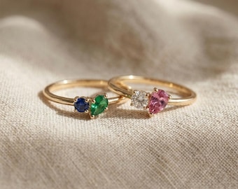Personalized Birthstone Ring for Mom, 2 Stone Mother Daughter Ring, Minimalist Gold Stackable Ring,Sentimental Gift for Her Everyday Jewelry