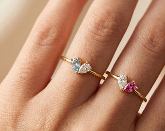 Spersonalizowany pierścionek z kamieniem szlachetnym w kształcie serca z 2 kamieniami, spersonalizowany pierścionek dla matki, delikatny, ręcznie robiony pierścionek do układania, znaczący prezent dla mamy, żony i dziewczyny