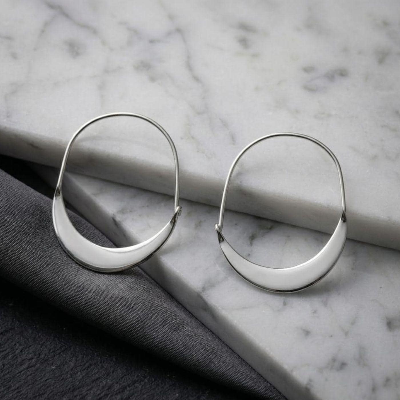 Minimalist Crescent Hoop Earrings, Silver Plated, Modern Open Circle Earrings, Handmade Contemporary Geometric Jewelry.