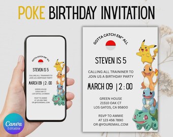 Poke Birthday Invitation – Editable Canva Template, 5x7 Digital Download, Kids Party Evite, Printable Invite, Instant Access